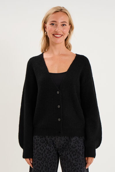 Gilet col en V manches longues ballon noir femme