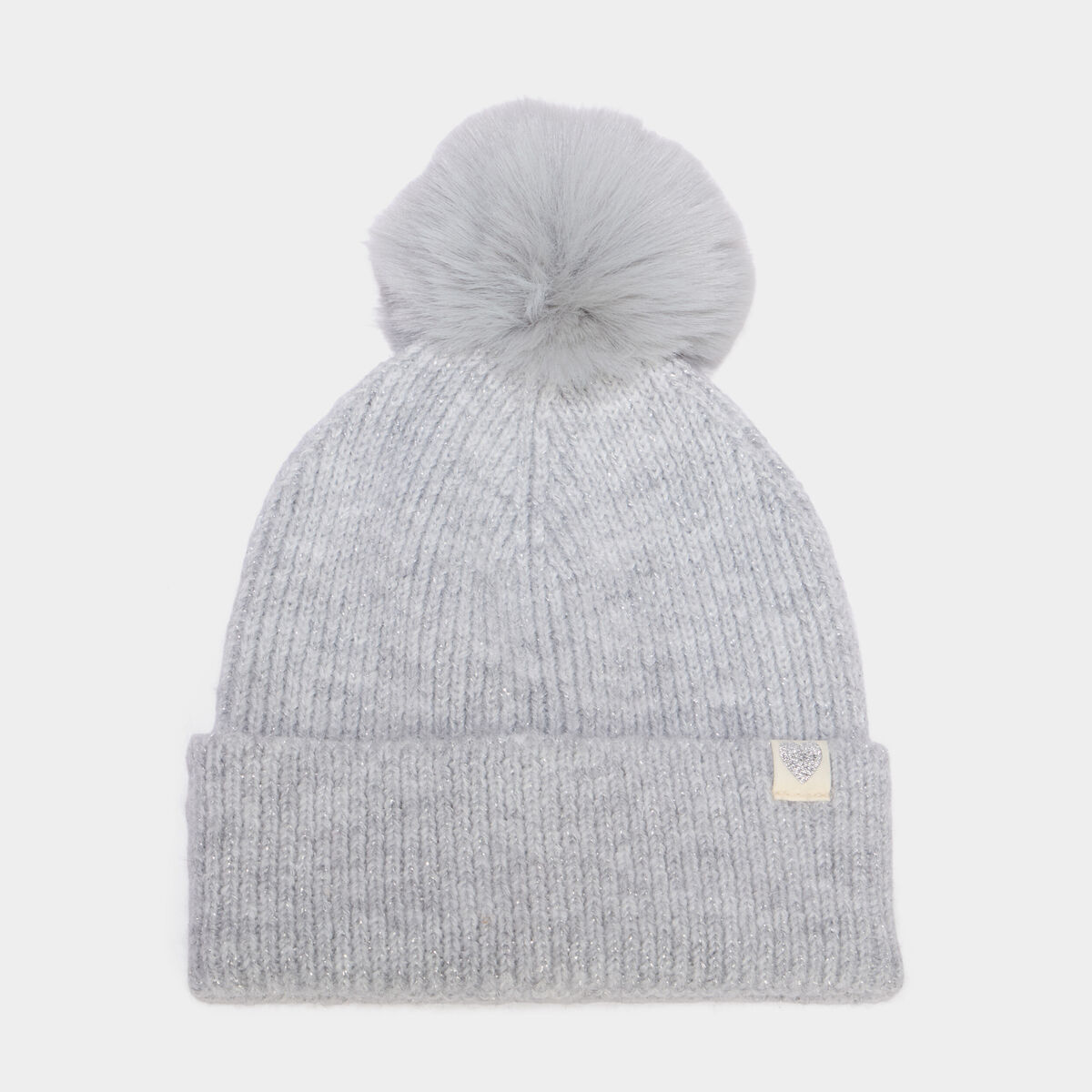 Bonnet &agrave; pompon fausse fourrure gris fille