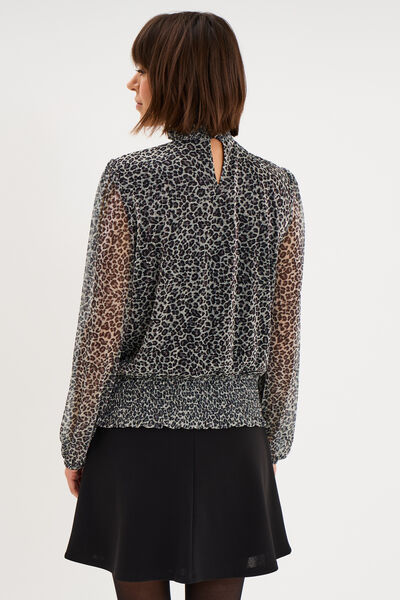 Blouse smock&eacute;e col montant gris argent femme