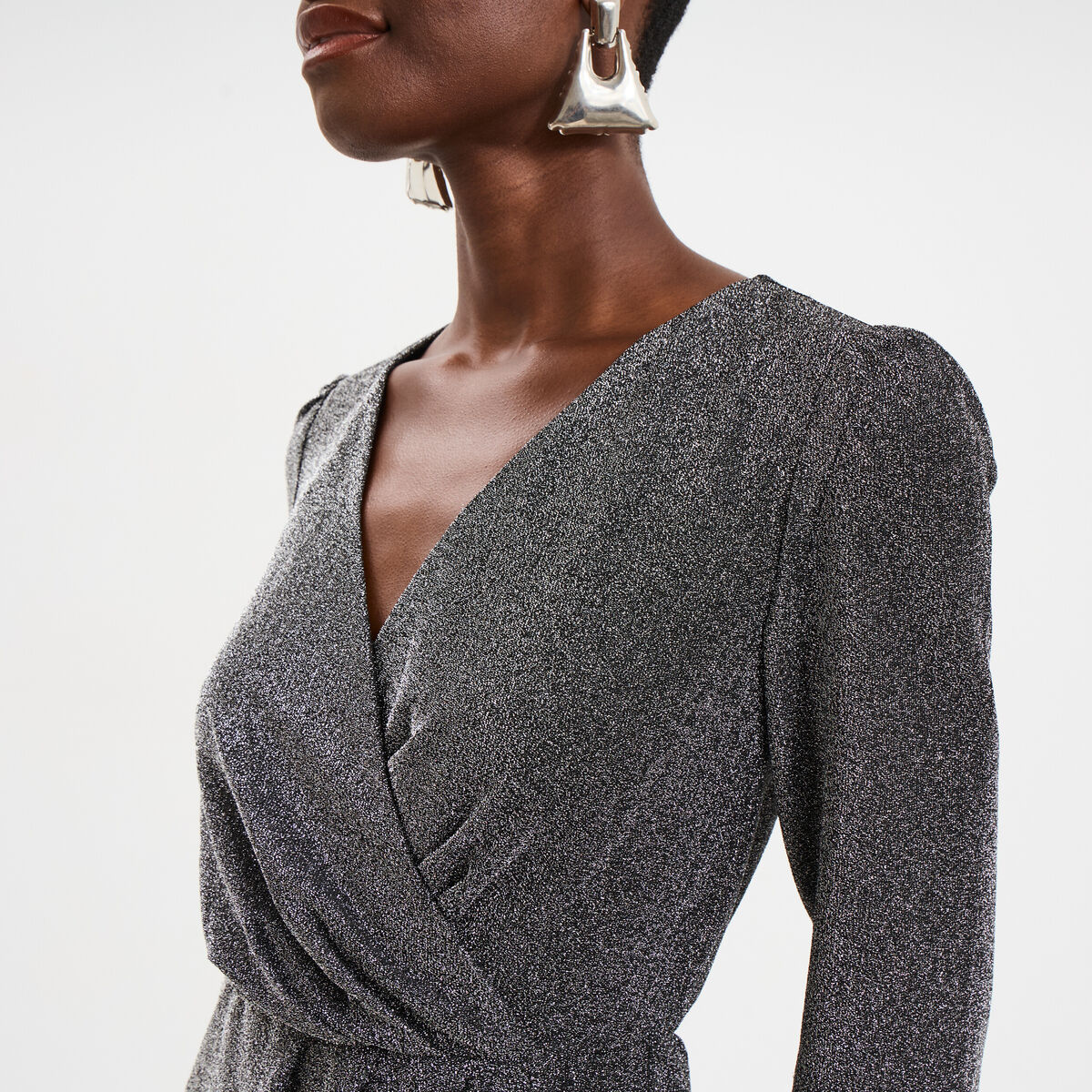 Robe paillettes portefeuille courte gris argent femme