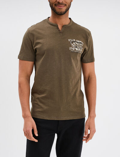 T-shirt col tunisien manches courtes vert kaki homme