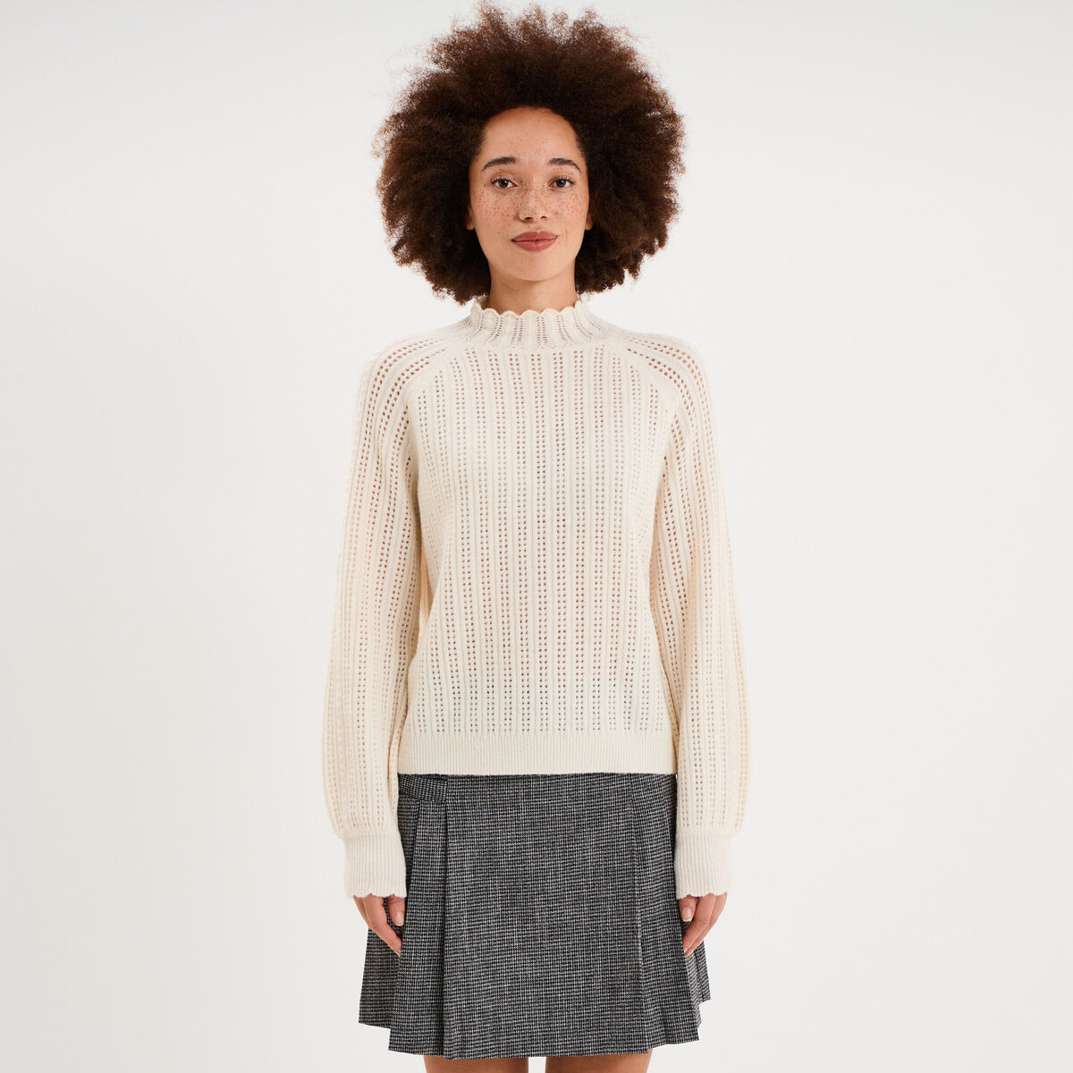 Pull col montant textur&eacute; manches longues blanc femme