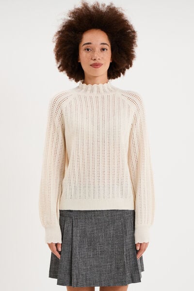 Pull col montant textur&eacute; manches longues blanc femme