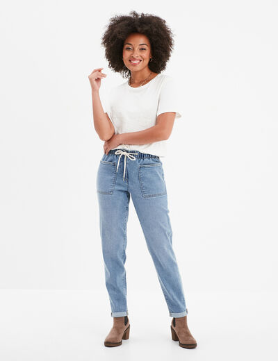 Jean droit taille élastiquée 7/8ème denim stone femme
