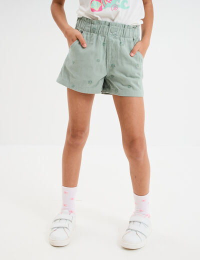 Short brodé taille élastiquée coton vert kaki fille
