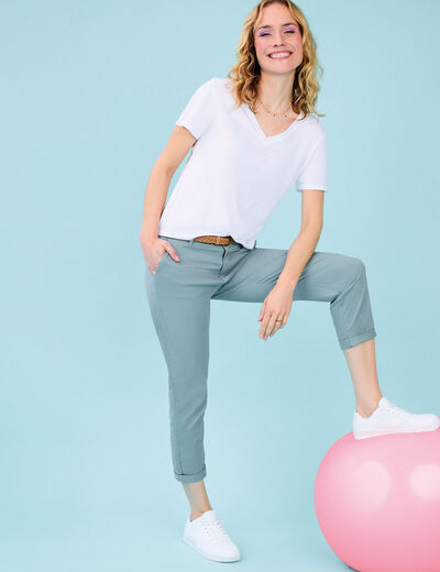 Pantalon chino 7/8ème ceinture tressée bleu gris femme