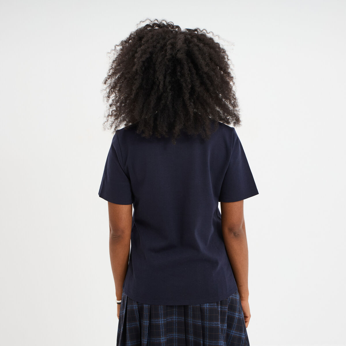 T-shirt col rond manches courtes coton bleu fonc&eacute; femme