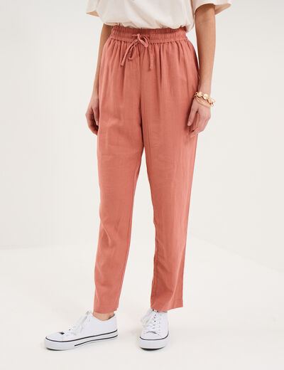 Pantalon droit 7/8&egrave;me lin m&eacute;lang&eacute; terracotta femme
