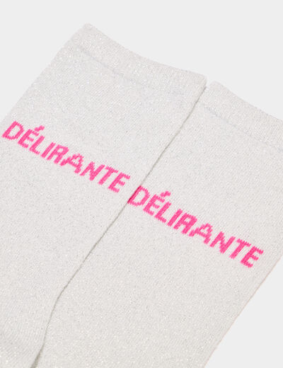 Chaussettes &agrave; fils m&eacute;tallis&eacute;s mi-hautes gris argent femme