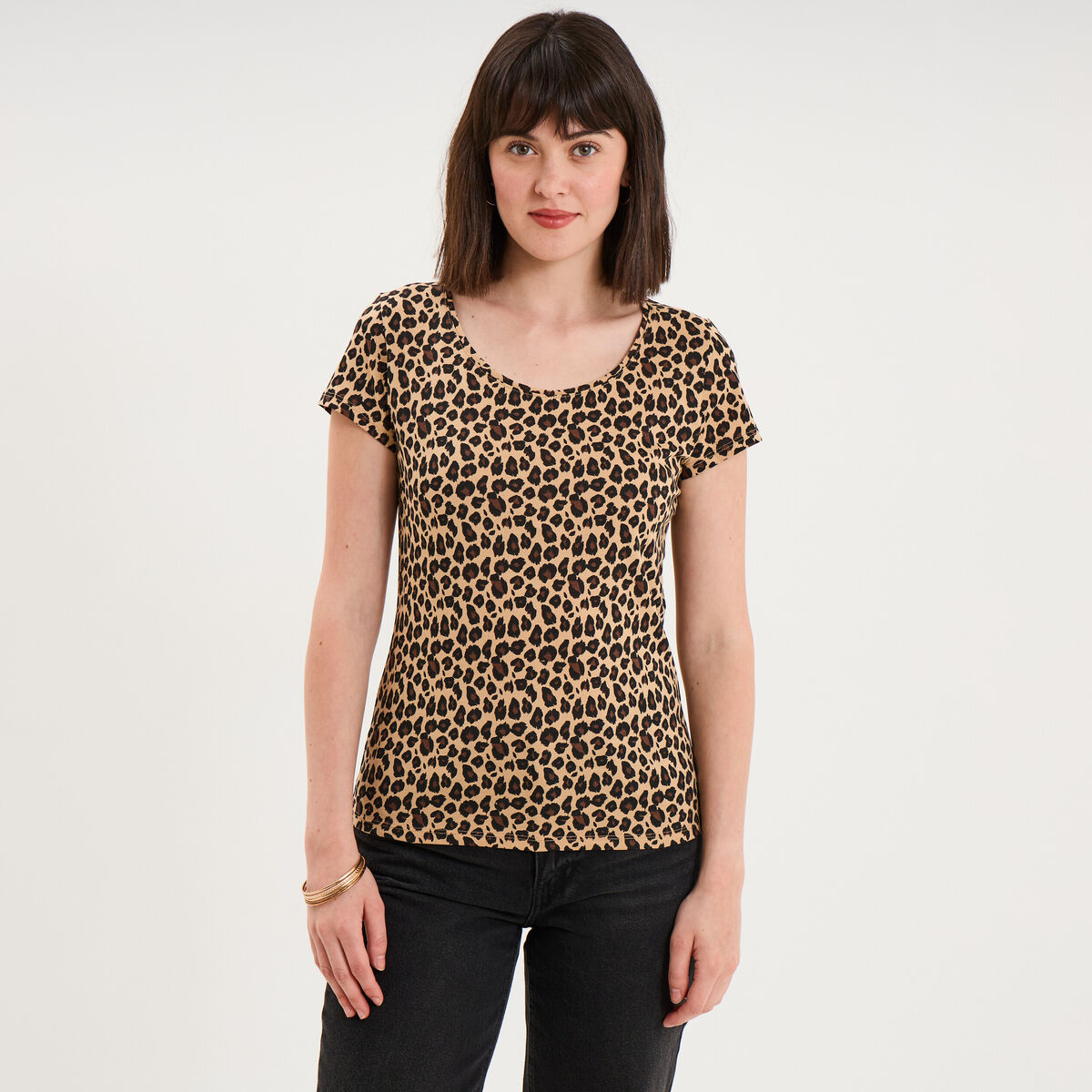 T-shirt coton imprim&eacute; coupe ajust&eacute;e beige femme