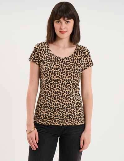 T-shirt coton imprim&eacute; coupe ajust&eacute;e beige femme