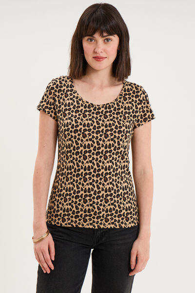 T-shirt coton imprim&eacute; coupe ajust&eacute;e beige femme