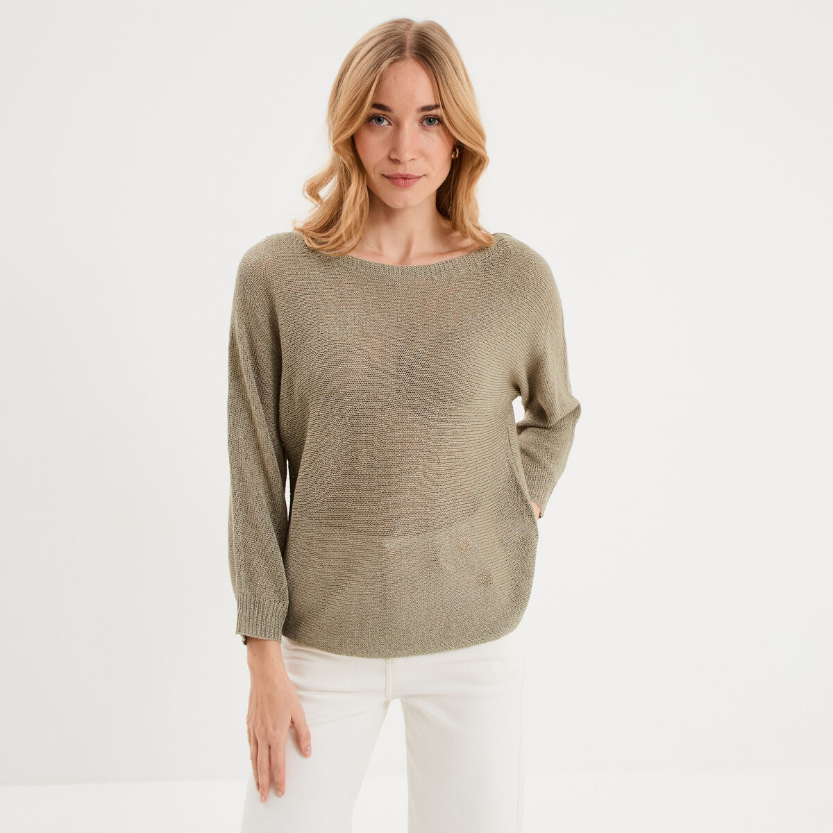 Pull droit col rond manches longues vert kaki femme