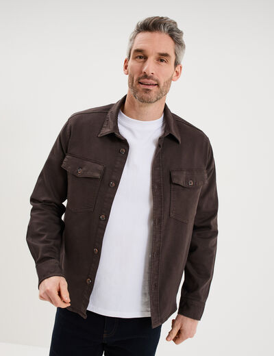 Surchemise droite m&eacute;lange coton stretch marron fonc&eacute; homme