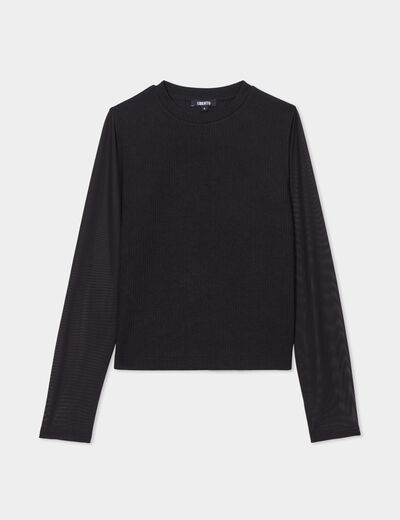 T-shirt côtelé manches longues noir femme