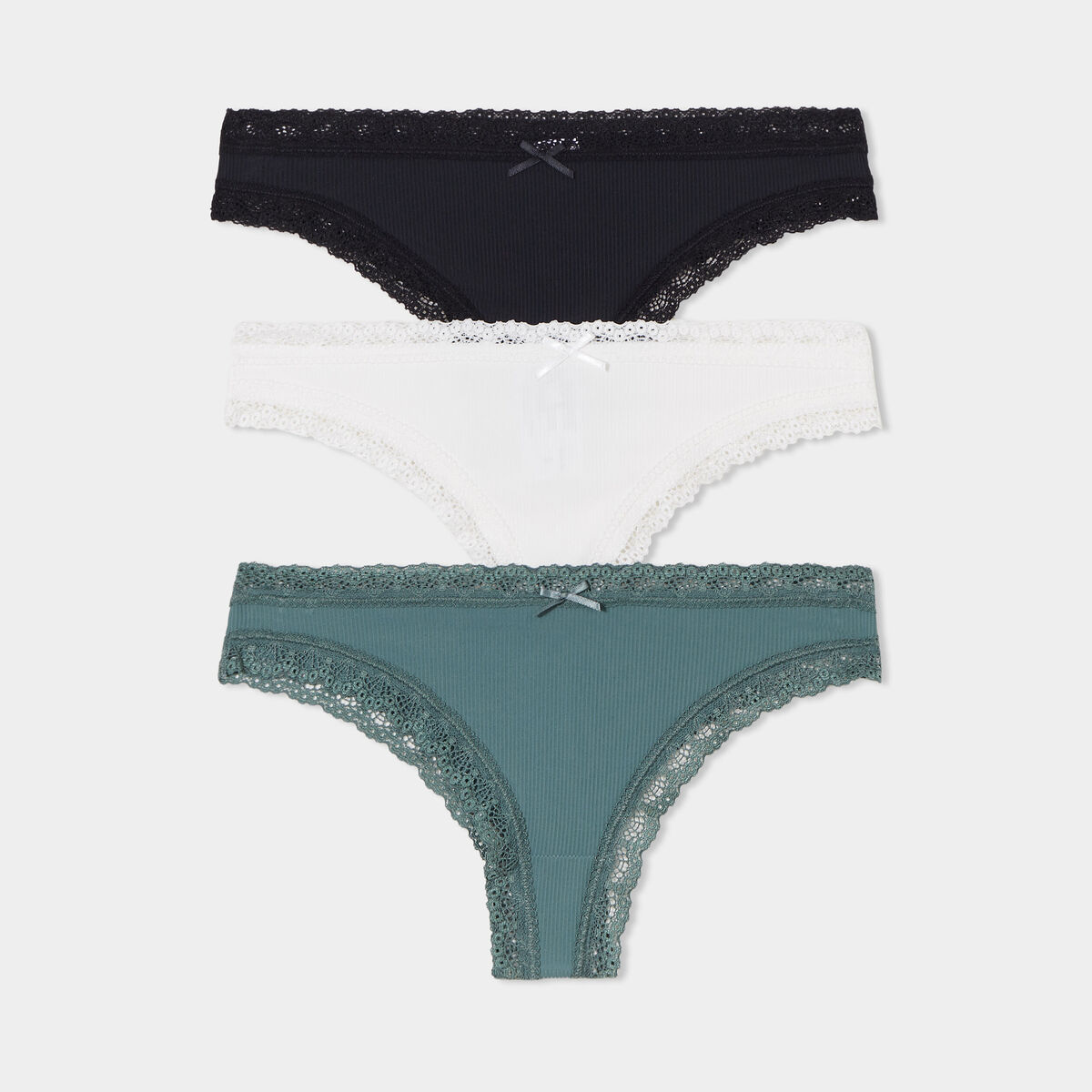 Lot 3 tangas côtelés à dentelle vert femme
