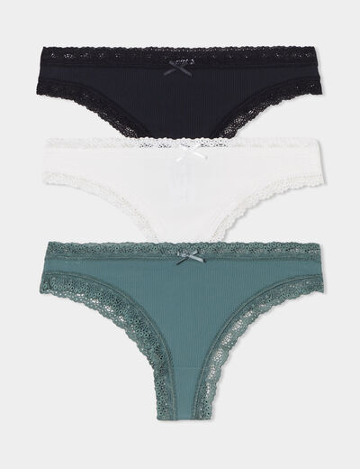 Lot 3 tangas côtelés à dentelle vert femme