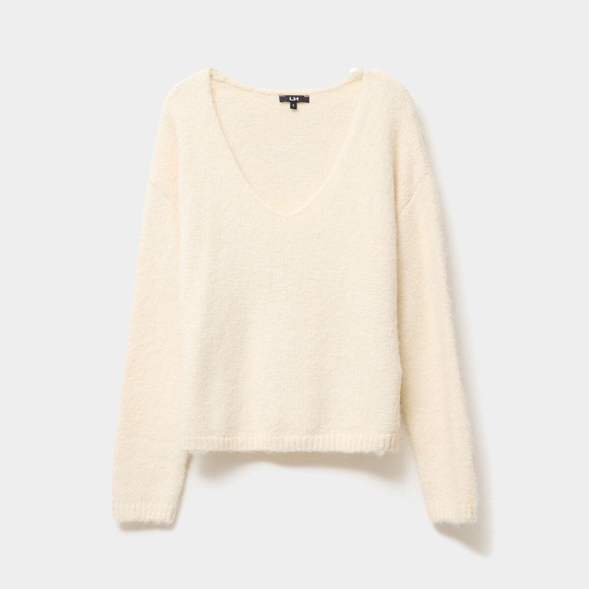Pull col en V manches longues ecru femme