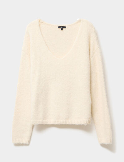 Pull col en V manches longues ecru femme