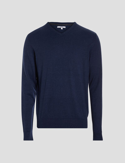 Pull jersey avec col en V bleu marine homme
