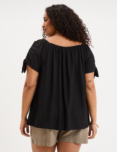 T-shirt gaufr&eacute; avec manches &agrave; noeuds noir femme grande taille