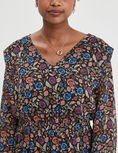 Robe évasée taille élastiquée col en V multicolore femme