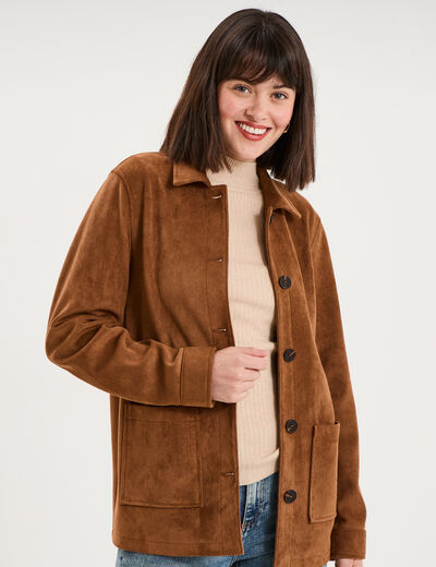 Veste effet su&eacute;dine boutonn&eacute;e camel femme