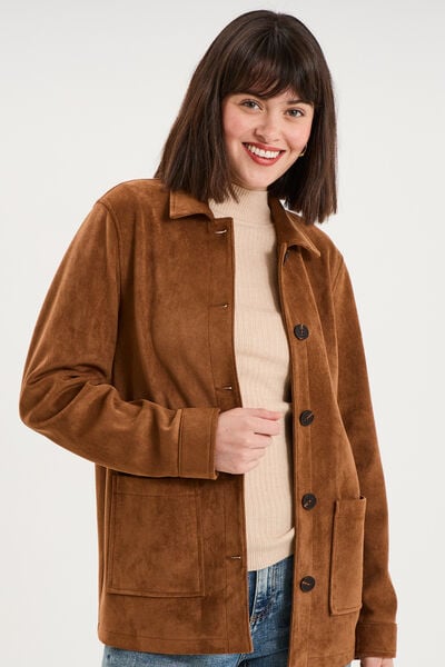 Veste effet su&eacute;dine boutonn&eacute;e camel femme