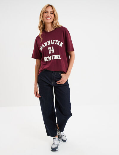 T-shirt col rond manches courtes coton bordeaux femme