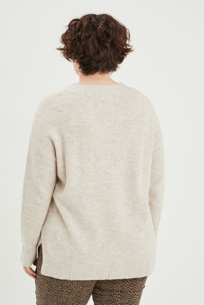 Pull col en V manches longues ecru femme grande taille