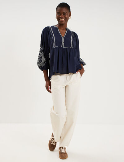 Blouse brod&eacute;e oversize col tunisien bleu fonc&eacute; femme