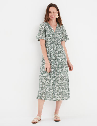 Robe longue empire taille smockée Creeks vert turquoise femme
