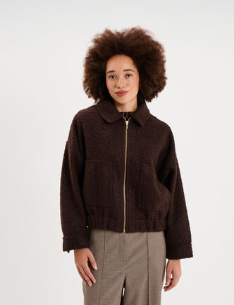 Blouson oversize effet bouclette marron fonc&eacute; femme
