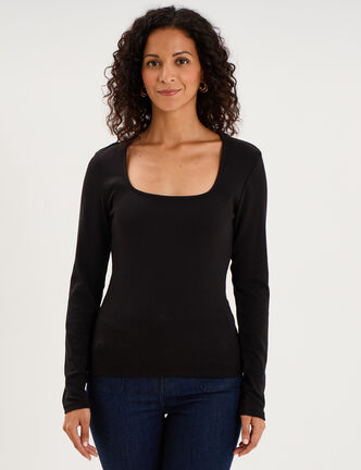 T-shirt ajust&eacute; encolure carr&eacute;e noir femme