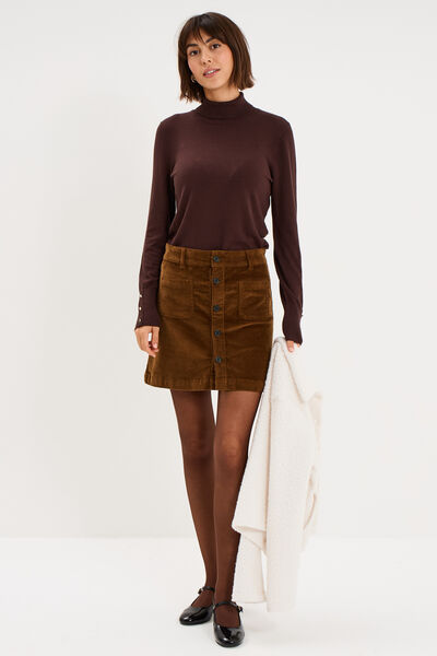 Pull col roul&eacute; avec boutons poignets marron fonc&eacute; femme