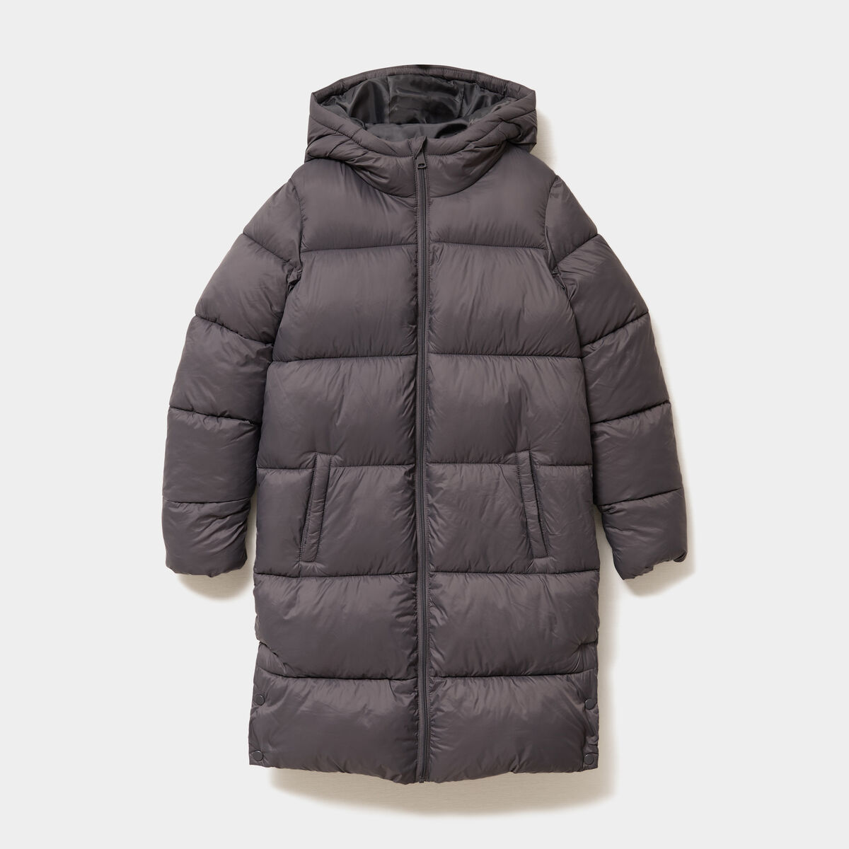 Doudoune longue &agrave; capuche gris fonc&eacute; femme
