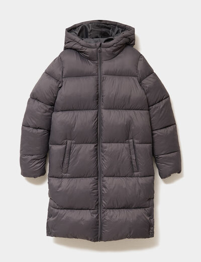 Doudoune longue &agrave; capuche gris fonc&eacute; femme