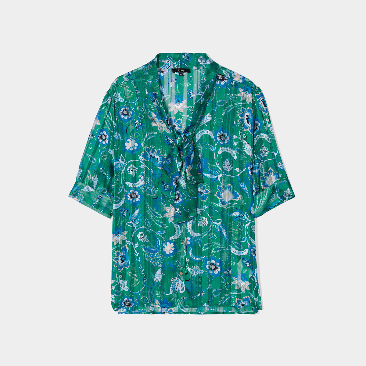 Blouse col lavalière manches courtes vert femme
