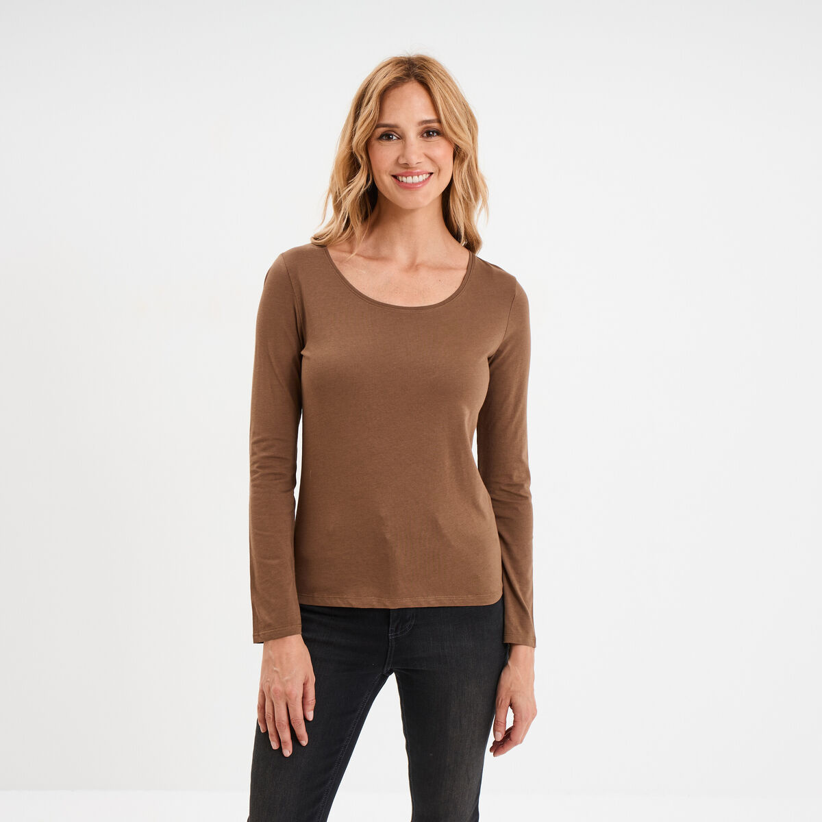 T-shirt coton col rond manches longues taupe femme