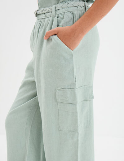 Pantalon large lin m&eacute;lang&eacute; ceintur&eacute; vert pastel fille