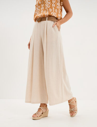 Pantalon large &agrave; pinces ceinture tress&eacute;e beige femme