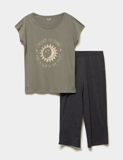 Ensemble pyjama corsaire et t-shirt vert kaki femme