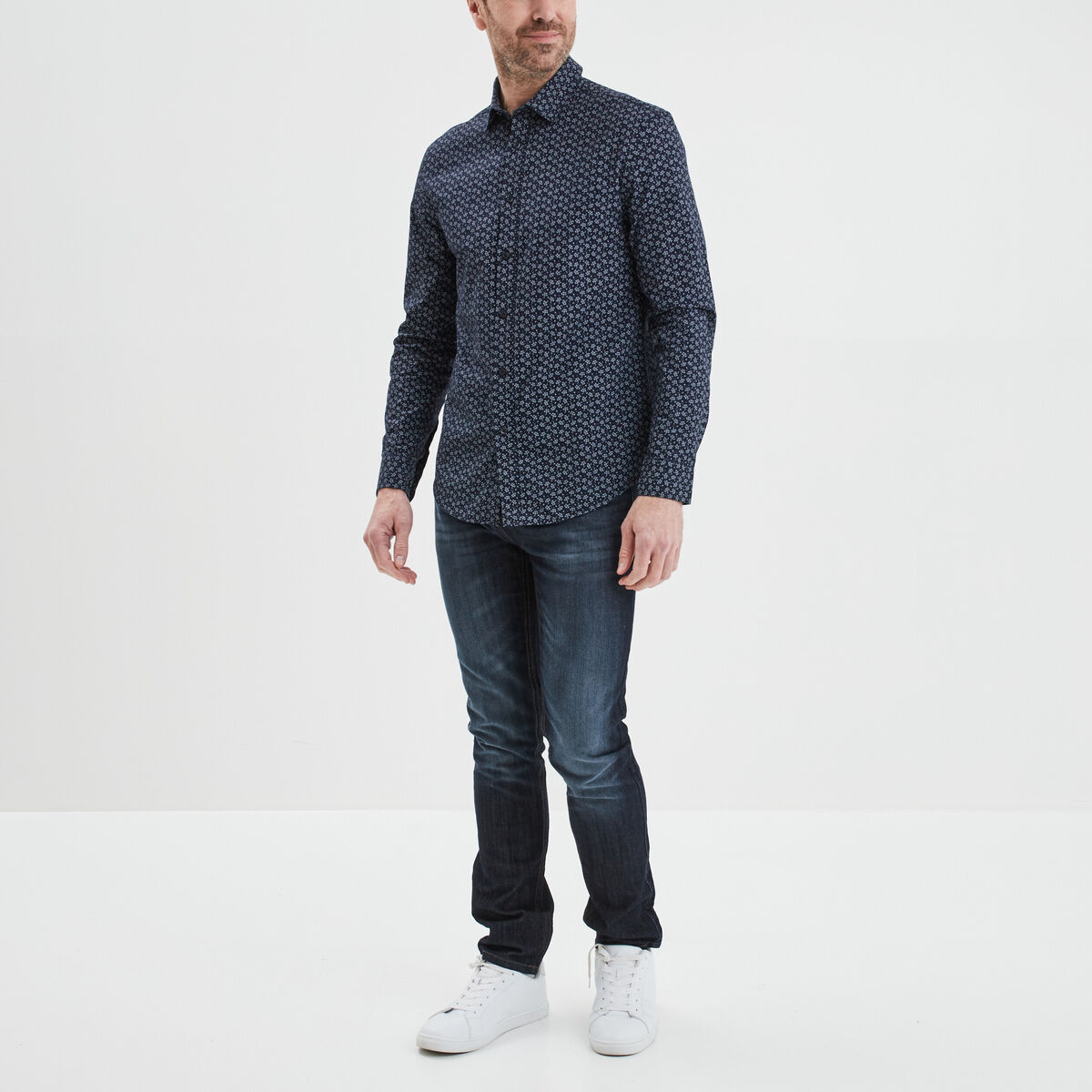 Chemise droite imprim&eacute;e manches longues bleu marine homme