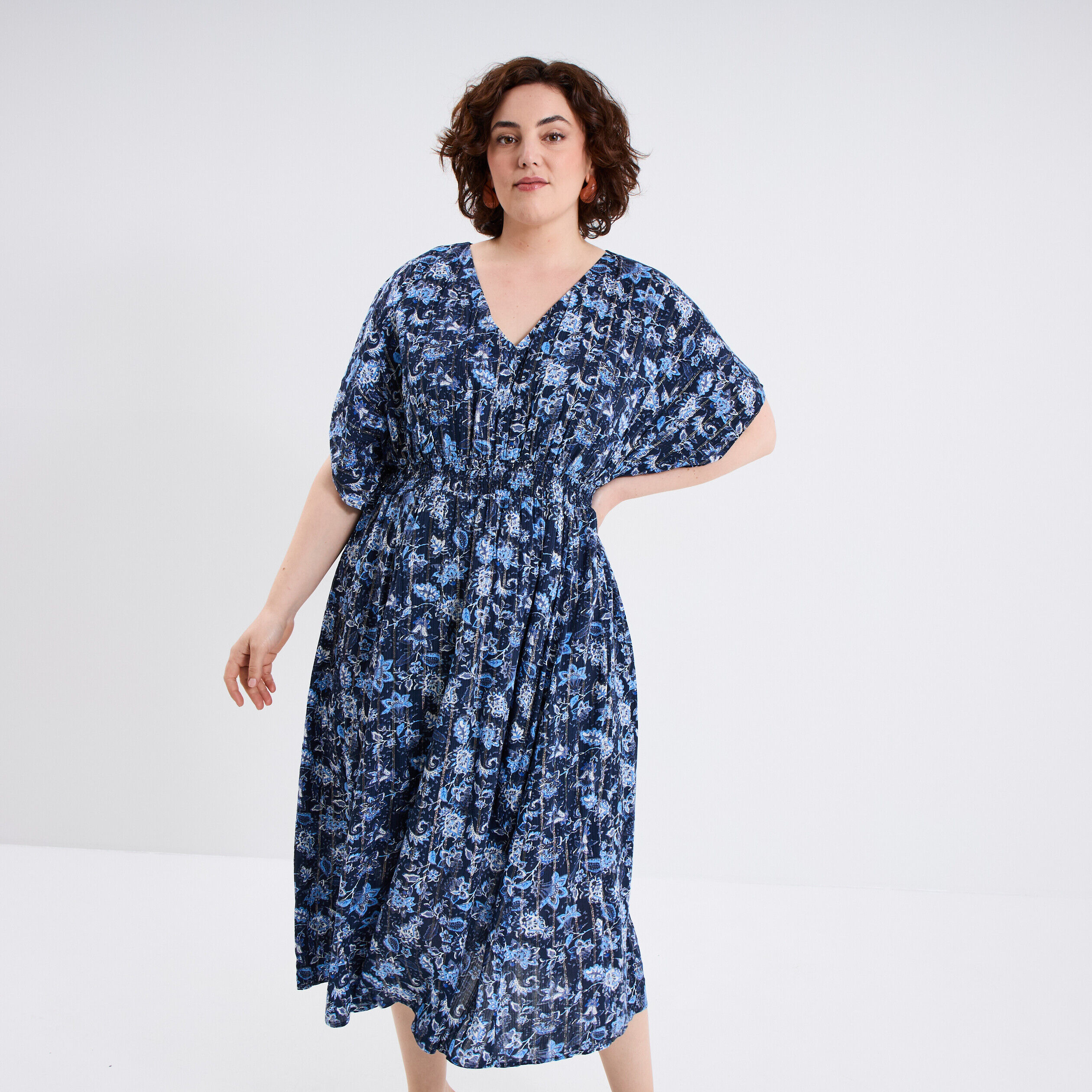 Robe longue taille smockée bleu marine femme grande taille MODAVISTA