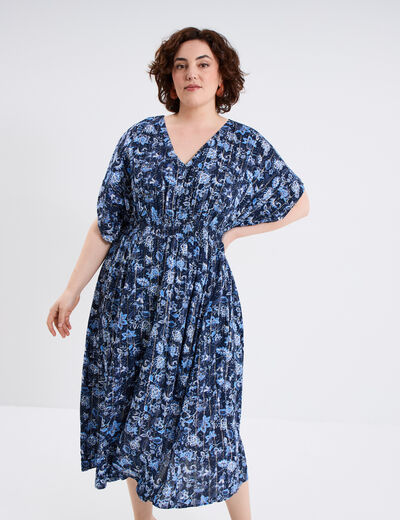 Robe longue taille smockée bleu marine femme grande taille