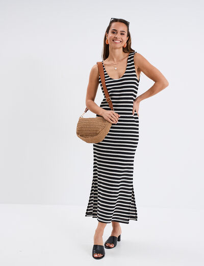 Robe longue en crochet bretelles larges noir femme