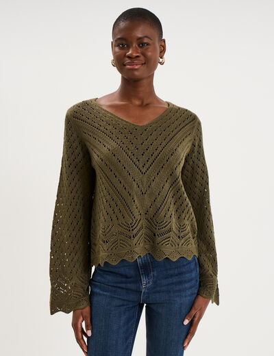 Pull ajour&eacute; col en V manches longues taupe femme