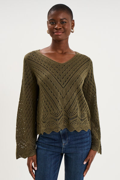 Pull ajour&eacute; col en V manches longues taupe femme