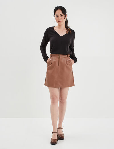 Pull col en V manches longues noir femme