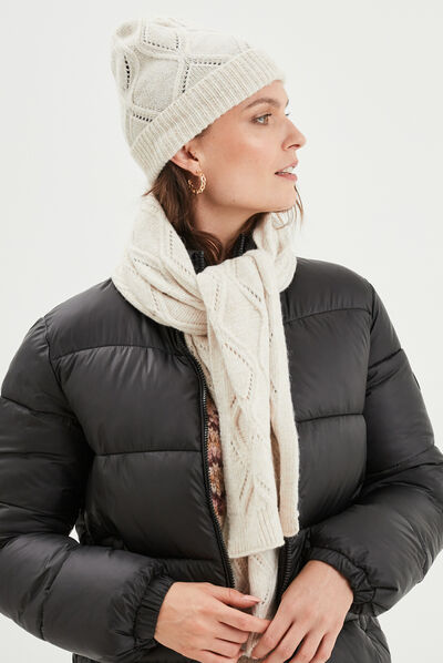 Ensemble bonnet et écharpe tricot sable femme